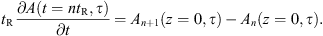 $$ {t}_{\mathrm{R}}\frac{{\partial A}(t=n{t}_{\mathrm{R}},\tau )}{{\partial t}}={A}_{n+1}(z=0,\tau )-{A}_n(z=0,\tau ). $$