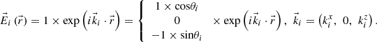 $$ {\vec{E}}_i\left(\vec{r}\right)=1\times \mathrm{exp}\left(i{\vec{k}}_i\cdot \vec{r}\right)=\left\{\begin{array}{c}1\times \mathrm{cos}{\theta }_i\\ 0\\ -1\times \mathrm{sin}{\theta }_i\end{array}\right.\times \mathrm{exp}\left(i{\vec{k}}_i\cdot \vec{r}\right),\enspace {\vec{k}}_i=\left({k}_i^x,\enspace 0,\enspace {k}_i^z\right). $$