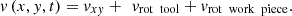 $$ v\left(x,y,t\right)={v}_{{xy}}+\enspace {v}_{\mathrm{rot}\enspace \mathrm{tool}}+{v}_{\mathrm{rot}\enspace \mathrm{work}\enspace \mathrm{piece}}. $$
