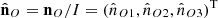 $ {\hat{\mathbf{n}}}_O={\mathbf{n}}_O/I=({\hat{n}}_{O1},{\hat{n}}_{O2},{\hat{n}}_{O3}{)}^{\mathrm{T}}$