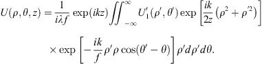 $$ \begin{array}{c}U\left(\rho,\theta,z\right)=\frac{1}{{i\lambda f}}\mathrm{exp}({ikz}){\iint }_{-\infty }^{\infty }{U}_1^{\prime}\left({\rho }^{\prime},{\theta }^{\prime}\right)\mathrm{exp}\left[\frac{{ik}}{2z}\left({\rho }^2+{\rho }^{\prime2}\right)\right]\\ \times \mathrm{exp}\left[-\frac{{ik}}{f}{\rho }^{\prime}\rho \mathrm{cos}({\theta }^{\prime}-\theta )\right]{\rho }^{\prime}d{\rho }^{\prime}{d\theta }.\end{array} $$