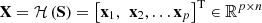 $ \mathbf{X}=\mathcal{H}\left(\mathbf{S}\right)={\left[{\mathbf{x}}_1,\enspace {\mathbf{x}}_2,\dots {\mathbf{x}}_p\right]}^{\mathrm{T}}\in {\mathbb{R}}^{p\times n}$
