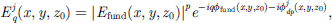 Mathematical equation: $$ {E}_q^j\left(x,y,{z}_0\right)={\left|{E}_{\mathrm{fund}}\left(x,y,{z}_0\right)\right|}^p{e}^{-{iq}{\phi }_{\mathrm{fund}}\left(x,y,{z}_0\right)-i{\phi }_{{dp}}^j\left(x,y,{z}_0\right)}, $$