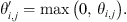 Mathematical equation: $$ {\theta }_{i,j}^\mathrm{\prime}=\mathrm{max}\left(0,\enspace {\theta }_{i,j}\right). $$
