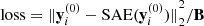 Mathematical equation: $ \mathrm{loss}={\Vert {\mathbf{y}}_i^{(0)}-\mathrm{SAE}({\mathbf{y}}_i^{(0)})\Vert }_2^2/\mathbf{B}$