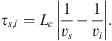 Mathematical equation: $$ {\tau }_{s,i}={L}_{{c}\enspace }\left|\frac{1}{{v}_s}-\frac{1}{{v}_i}\right|. $$