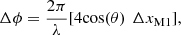 $$ \Delta \phi =\frac{2\pi }{\lambda }[4\mathrm{cos}(\theta )\enspace \Delta {x}_{\mathrm{M}1}], $$