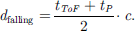 Mathematical equation: $$ {d}_{\mathrm{falling}}=\frac{{t}_{{ToF}}+{t}_P}{2}\cdot {c}. $$