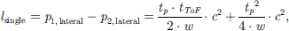 Mathematical equation: $$ {l}_{\mathrm{single}}={p}_{1,\enspace \mathrm{lateral}}-{p}_{2,\enspace \mathrm{lateral}}=\frac{{t}_p\cdot {t}_{{ToF}}}{2\cdot w}\cdot {c}^2+\frac{{{t}_p}^2}{4\cdot w}\cdot {c}^2, $$