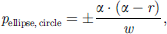 Mathematical equation: $$ {p}_{\mathrm{ellipse},\enspace \mathrm{circle}}=\pm \frac{\alpha \cdot \left(\alpha -r\right)}{w}, $$