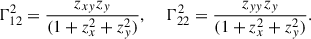 Mathematical equation: $$ {\mathrm{\Gamma }}_{12}^2=\frac{{z}_{{xy}}{z}_y}{(1+{z}_x^2+{z}_y^2)},\hspace{1em}\enspace {\mathrm{\Gamma }}_{22}^2=\frac{{z}_{{yy}}{z}_y}{(1+{z}_x^2+{z}_y^2)}. $$