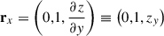 Mathematical equation: $ {\mathbf{r}}_x=\left(\mathrm{0,1},\frac{{\partial z}}{{\partial y}}\right)\equiv \left(\mathrm{0,1},{z}_y\right)$