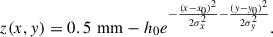 Mathematical equation: $$ z(x,y)=0.5\enspace \mathrm{mm}-{h}_0{e}^{-\frac{(x-{x}_0{)}^2}{2{\sigma }_x^2}-\frac{(y-{y}_0{)}^2}{2{\sigma }_y^2}}. $$