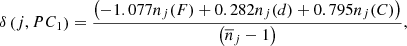 Mathematical equation: $$ \delta \left(j,P{C}_1\right)=\frac{\left(-1.077{n}_j(F)+0.282{n}_j(d)+0.795{n}_j(C)\right)}{\left({\overline{n}}_j-1\right)}, $$