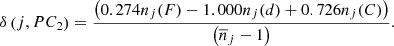 Mathematical equation: $$ \delta \left(j,P{C}_2\right)=\frac{\left(0.274{n}_j(F)-1.000{n}_j(d)+0.726{n}_j(C)\right)}{\left({\overline{n}}_j-1\right)}. $$