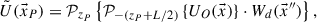 Mathematical equation: $$ \tilde{U}(\vec{x}_P) = \mathcal{P}_{z_P} \left\{ \mathcal{P}_{-(z_P + L/2)} \left\{ U_O(\vec{x}) \right\} \cdot W_d(\vec{x}'') \right\}, $$