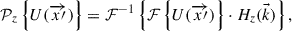 Mathematical equation: $$ {\mathcal{P}}_z\left\{U(\overrightarrow{x\prime})\right\}={\mathcal{F}}^{-1}\left\{\mathcal{F}\left\{U(\overrightarrow{x\prime})\right\}\cdot {H}_z(\vec{k})\right\}, $$