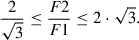Mathematical equation: $$ \frac{2}{\sqrt{3}}\le \frac{F2}{F1}\le 2\cdot \sqrt{3}. $$