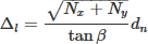 Mathematical equation: $$ {\Delta }_l=\frac{\sqrt{N_x+{N}_y}}{\tan \beta }{d}_n $$