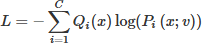 Mathematical equation: $$ L=-\sum_{i=1}^C{Q}_i(x)\log \left({P}_i\left(x;v\right)\right) $$