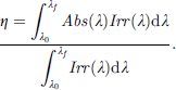 Mathematical equation: $$ \eta = \frac{\int_{\lambda_0}^{\lambda_f} Abs(\lambda) Irr(\lambda) \mathrm{d}\lambda}{\int_{\lambda_0}^{\lambda_f} Irr(\lambda) \mathrm{d}\lambda} $$