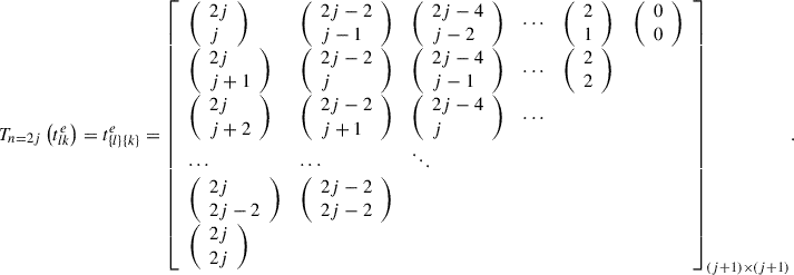 Mathematical equation: $$ {T}_{n=2j}\left({t}_{{lk}}^e\right)={t}_{\{l\}\{k\}}^e={\left[\begin{array}{llllll}\left(\begin{array}{l}2j\\ j\end{array}\right)& \left(\begin{array}{l}2j-2\\ j-1\end{array}\right)& \left(\begin{array}{l}2j-4\\ j-2\end{array}\right)& \cdots & \left(\begin{array}{l}2\\ 1\end{array}\right)& \left(\begin{array}{l}0\\ 0\end{array}\right)\\ \left(\begin{array}{l}2j\\ j+1\end{array}\right)& \left(\begin{array}{l}2j-2\\ j\end{array}\right)& \left(\begin{array}{l}2j-4\\ j-1\end{array}\right)& \cdots & \left(\begin{array}{l}2\\ 2\end{array}\right)& \\ \left(\begin{array}{l}2j\\ j+2\end{array}\right)& \left(\begin{array}{l}2j-2\\ j+1\end{array}\right)& \left(\begin{array}{l}2j-4\\ j\end{array}\right)& \cdots & & \\ \cdots & \cdots & \ddots & & & \\ \left(\begin{array}{l}2j\\ 2j-2\end{array}\right)& \left(\begin{array}{l}2j-2\\ 2j-2\end{array}\right)& & & & \\ \left(\begin{array}{l}2j\\ 2j\end{array}\right)& & & & & \end{array}\right]}_{(j+1)\times (j+1)}. $$