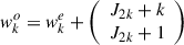 Mathematical equation: $ {w}_k^o={w}_k^e+\left(\begin{array}{l}{J}_{2k}+k\\ {J}_{2k}+1\end{array}\right)$