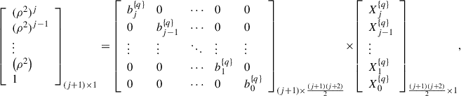 Mathematical equation: $$ {\left[\begin{array}{l}({\rho }^2{)}^j\\ ({\rho }^2{)}^{j-1}\\ \vdots \\ \left({\rho }^2\right)\\ 1\end{array}\right]}_{\left(j+1\right)\times 1}={\left[\begin{array}{lllll}{b}_j^{\left\{q\right\}}& 0& \cdots & 0& 0\\ 0& {b}_{j-1}^{\left\{q\right\}}& \cdots & 0& 0\\ \vdots & \vdots & \ddots & \vdots & \vdots \\ 0& 0& \cdots & {b}_1^{\left\{q\right\}}& 0\\ 0& 0& \cdots & 0& {b}_0^{\left\{q\right\}}\end{array}\right]}_{\left(j+1\right)\times \frac{\left(j+1\right)\left(j+2\right)}{2}}\times {\left[\begin{array}{l}{X}_j^{\left\{q\right\}}\\ {X}_{j-1}^{\left\{q\right\}}\\ \vdots \\ {X}_1^{\left\{q\right\}}\\ {X}_0^{\left\{q\right\}}\end{array}\right]}_{\frac{\left(j+1\right)\left(j+2\right)}{2}\times 1}, $$