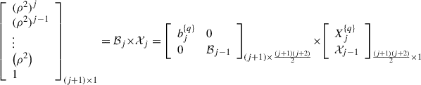 Mathematical equation: $$ {\left[\begin{array}{l}({\rho }^2{)}^j\\ ({\rho }^2{)}^{j-1}\\ \vdots \\ \left({\rho }^2\right)\\ 1\end{array}\right]}_{\left(j+1\right)\times 1}={\mathcal{B}}_j\times {\mathcal{X}}_j={\left[\begin{array}{ll}{b}_j^{\left\{q\right\}}& 0\\ 0& {\mathcal{B}}_{j-1}\end{array}\right]}_{\left(j+1\right)\times \frac{\left(j+1\right)\left(j+2\right)}{2}}\times {\left[\begin{array}{l}{X}_j^{\left\{q\right\}}\\ {\mathcal{X}}_{j-1}\end{array}\right]}_{\frac{\left(j+1\right)\left(j+2\right)}{2}\times 1}\enspace $$
