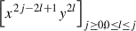 Mathematical equation: $ {\left[{x}^{2j-2l+1}{y}^{2l}\right]}_{j\ge \mathrm{0,0}\le l\le j}$
