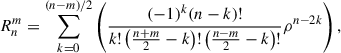 Mathematical equation: $$ {R}_n^m=\sum_{k=0}^{(n-m)/2}\left(\frac{(-1{)}^k(n-k)!}{k!\left(\frac{n+m}{2}-k\right)!\left(\frac{n-m}{2}-k\right)!}{\rho }^{n-2k}\right), $$