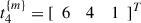 Mathematical equation: $ {t}_4^{\{m\}}=[\begin{array}{lll}6& 4& 1\end{array}{]}^T$