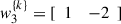 Mathematical equation: $ {w}_3^{\{k\}}=[\begin{array}{ll}1& -2\end{array}]$