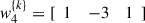 Mathematical equation: $ {w}_4^{\{k\}}=[\begin{array}{lll}1& -3& 1\end{array}]$