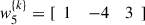 Mathematical equation: $ {w}_5^{\{k\}}=[\begin{array}{lll}1& -4& 3\end{array}]$