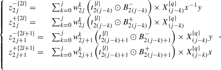 Mathematical equation: $$ \left\{\begin{array}{ll}{z}_{2j}^{-\{2l\}}=& \sum_{k=0}^j {w}_{2j}^k\left({t}_{2(j-k)}^{\{l\}}\odot {B}_{2(j-k)}^{-}\right)\times {X}_{(j-k)}^{\{q\}}{x}^{-1}y\\ {z}_{2j}^{+\{2l\}}=& \sum_{k=0}^j {w}_{2j}^k\left({t}_{2(j-k)}^{\{l\}}\odot {B}_{2(j-k)}^{+}\right)\times {X}_{(j-k)}^{\{q\}}\\ {z}_{2j+1}^{-\{2l+1\}}=& \sum_{k=0}^j {w}_{2j+1}^k\left({t}_{2(j-k)+1}^{\{l\}}\odot {B}_{2(j-k)+1}^{-}\right)\times {X}_{(j-k)}^{\{q\}}y\\ {z}_{2j+1}^{+\{2l+1\}}=& \sum_{k=0}^j {w}_{2j+1}^k\left({t}_{2(j-k)+1}^{\{l\}}\odot {B}_{2(j-k)+1}^{+}\right)\times {X}_{(j-k)}^{\{q\}}x\\ & \end{array}\right., $$