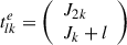 Mathematical equation: $ {t}_{{lk}}^e=\left(\begin{array}{l}{J}_{2k}\\ {J}_k+l\end{array}\right)$