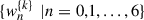 Mathematical equation: $ \{{w}_n^{\left\{k\right\}}\enspace |n=\mathrm{0,1},...,6\}$