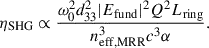 Mathematical equation: $$ {\eta }_{\mathrm{SHG}}\propto \frac{{\omega }_0^2{d}_{33}^2{\left|{E}_{\mathrm{fund}}\right|}^2{Q}^2{L}_{\mathrm{ring}}}{{n}_{\mathrm{eff},\mathrm{MRR}}^3{c}^3\alpha }. $$