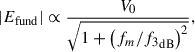 Mathematical equation: $$ \left|{E}_{\mathrm{fund}}\right|\propto \frac{{V}_0}{\sqrt{1+{\left({f}_m/{{f}_3}_{\mathrm{dB}}\right)}^2}}, $$