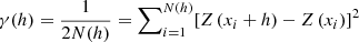 Mathematical equation: $$ \gamma (h)=\frac{1}{2N(h)}={\sum}_{i=1}^{N(h)}{\left[Z\left({x}_i+h\right)-Z\left({x}_i\right)\right]}^2 $$