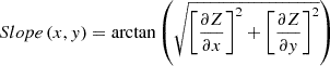 Mathematical equation: $$ Slope\left(x,y\right)=\arctan \left(\sqrt{{\left[\frac{\partial Z}{\partial x}\right]}^2+{\left[\frac{\partial Z}{\partial y}\right]}^2}\right) $$
