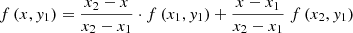 Mathematical equation: $$ f\left(x,{y}_1\right)=\frac{x_2-x}{x_2-{x}_1}\cdot f\left({x}_1,{y}_1\right)+\frac{x-{x}_1}{x_2-{x}_1}\ f\left({x}_2,{y}_1\right) $$