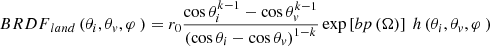 Mathematical equation: $$ {BRDF}_{land}\left({\theta}_i,{\theta}_v,\varphi\ \right)={r}_0\frac{\cos {\theta}_i^{k-1}-\cos {\theta}_v^{k-1}}{{\left(\cos {\theta}_i-\cos {\theta}_v\right)}^{1-k}}\exp \left[ bp\left(\Omega \right)\right]\ h\left({\theta}_i,{\theta}_v,\varphi\ \right) $$