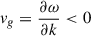 Mathematical equation: $ {{v}}_{{g}}=\frac{\partial {\omega }}{\partial {k}}<0$