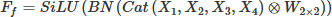 Mathematical equation: $$ {F}_f= SiLU\left( BN\left( Cat\left({X}_1,{X}_2,{X}_3,{X}_4\right)\otimes {W}_{2\times 2}\right)\right) $$
