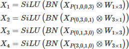 Mathematical equation: $$ {\displaystyle \begin{array}{l}{X}_1= SiLU\left( BN\left({X}_{P\left(1,0,0,3\right)}\otimes {W}_{1\times 3}\right)\right)\\ {}{X}_2= SiLU\left( BN\left({X}_{P\left(0,3,0,1\right)}\otimes {W}_{3\times 1}\right)\right)\\ {}{X}_3= SiLU\left( BN\left({X}_{P\left(0,1,3,0\right)}\otimes {W}_{1\times 3}\right)\right)\\ {}{X}_4= SiLU\left( BN\left({X}_{P\left(3,0,1,0\right)}\otimes {W}_{3\times 1}\right)\right)\end{array}} $$