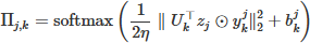 Mathematical equation: $$ {\Pi}_{j,k}=\textrm{softmax}\left(\frac{1}{2\eta}\parallel {U}_k^{\top }{z}_j\odot {y}_k^j{\parallel}_2^2+{b}_k^j\right) $$