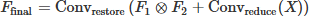 Mathematical equation: $$ {F}_{\textrm{final}}=\textrm{Con}{\textrm{v}}_{\textrm{restore}}\left({F}_1\otimes {F}_2+\textrm{Con}{\textrm{v}}_{\textrm{reduce}}(X)\right) $$