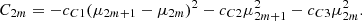 Mathematical equation: $$ {C}_{2m}=-{c}_{C1}{\left({\mu }_{2m+1}-{\mu }_{2m}\right)}^2-{c}_{C2}{\mu }_{2m+1}^2-{c}_{C3}{\mu }_{2m}^2. $$